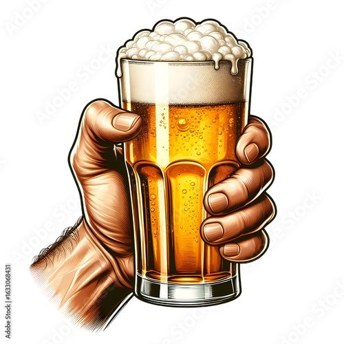 Hand holding a full glass of foamy beer isolate on White background