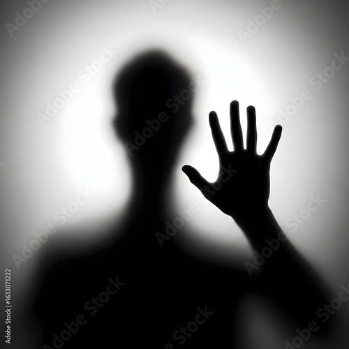 black and white photograph shows of a blurred silhouette of a man behind a matte or translucent surface. The hand is clearly pressed against the surface. eerie image, emotional expression, conceptual
