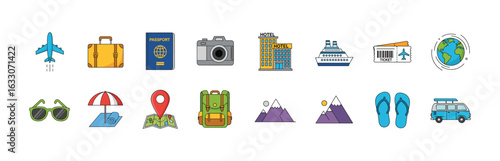 Flat Design Travel and Vacation Icons Set with Airplane, Passport, Map, and Backpack