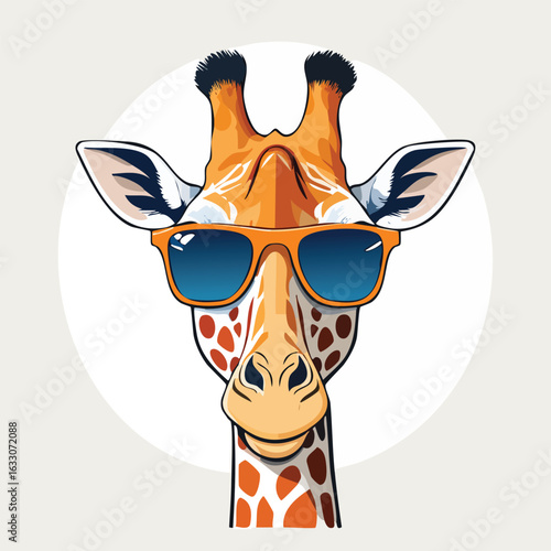 Stylish cartoon giraffe head portrait wearing cool orange sunglasses. A humorous and modern vector animal illustration.