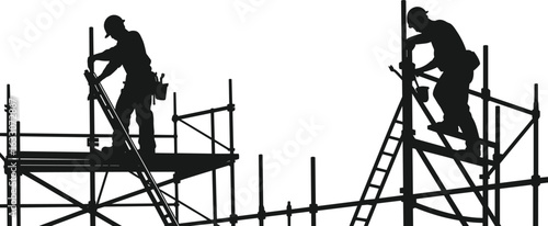 Flat vector illustration of construction workers working on high scaffolding structure with safety equipment, helmet, and tools in silhouette design