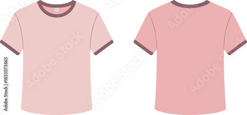 Flat vector illustration of front and back pink t-shirt design, blank apparel mockup, isolated clothing template, fashion graphic art