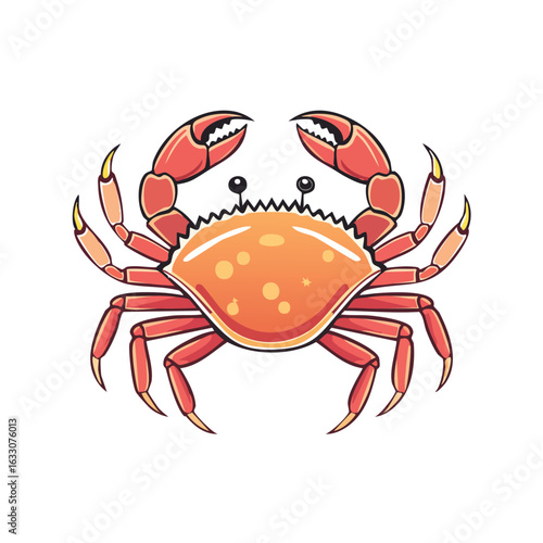 A vibrant cartoon illustration of a crab with orange shell and red claws, isolated on white.