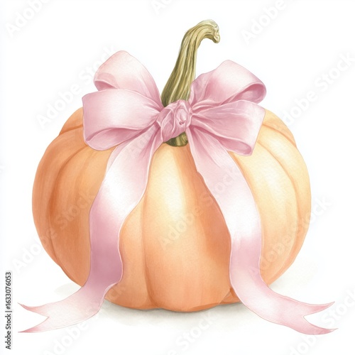 Soft Pastel Watercolor Pumpkin with Pink Ribbon Bow, Cute Fall or Baby Shower Decoration