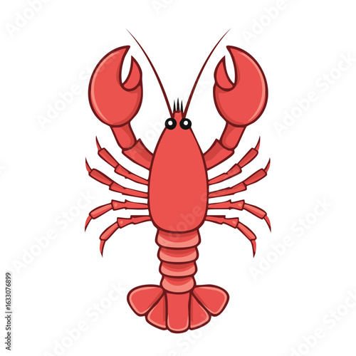 A cute red cartoon lobster with large claws and antennae, isolated on a white background.