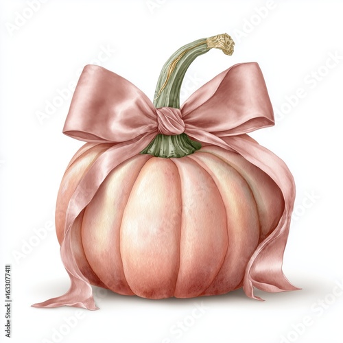 Elegant Watercolor Pumpkin with Soft Pink Satin Bow, Pastel Autumn or Baby Shower Illustration