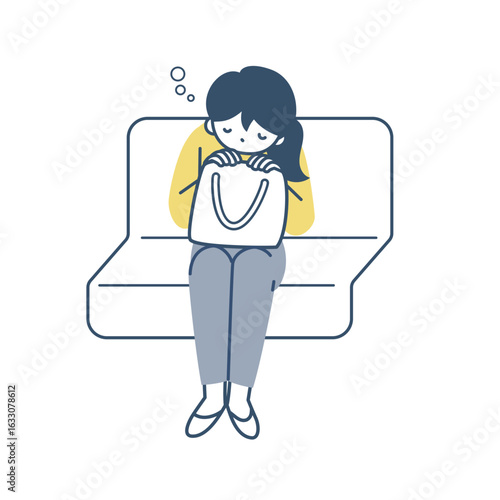荷物にもたれて居眠りをする若い女性