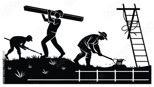 Workers carrying wood and digging ladder