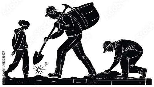 Workers digging and carrying load shovel pickaxe