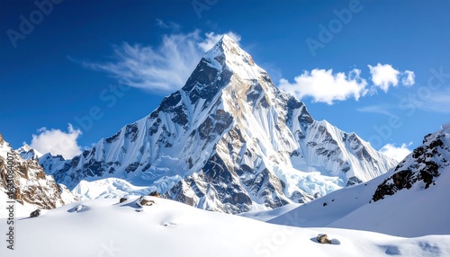 Majestic K2 Mountain Peak in Pakistan with SnowCapped Landscape, and Blue Sky.
