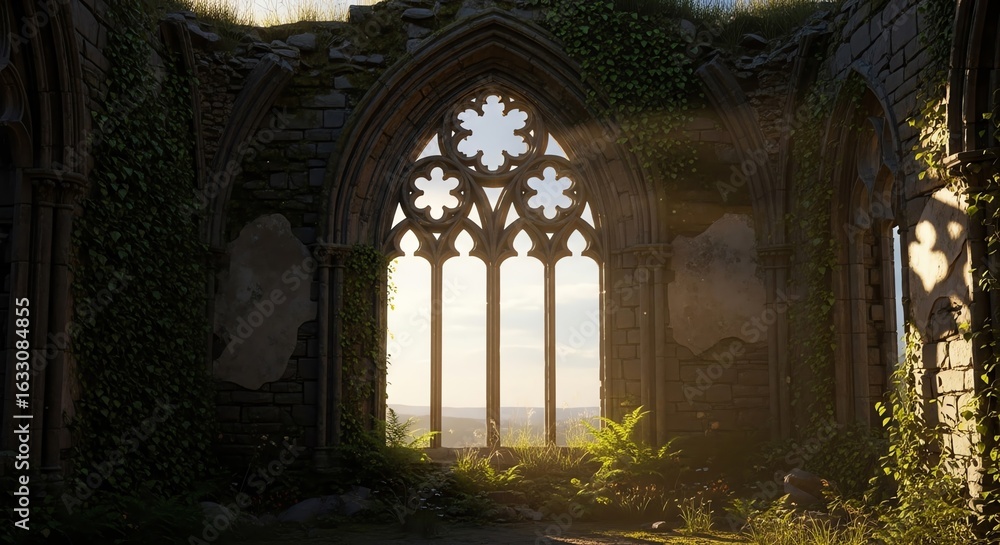 Obraz premium Ruined gothic architecture with sunlight and overgrown foliage