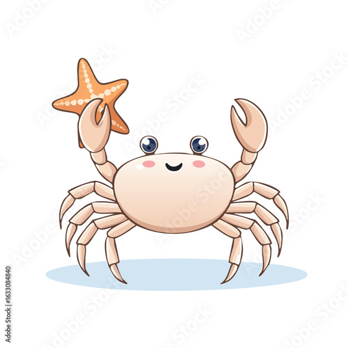 Cartoon crab happily holding a starfish, smiling with raised claws.