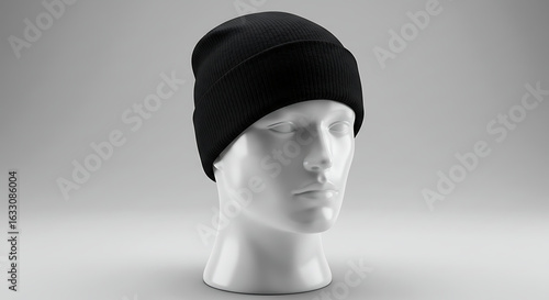 Dark blue surgical scrub cap or beanie on a mannequin head mockup. Product template for apparel and headwear design.
