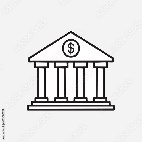 Minimalist line icon of a bank building with a dollar sign, symbolizing finance, economy, and financial institutions.