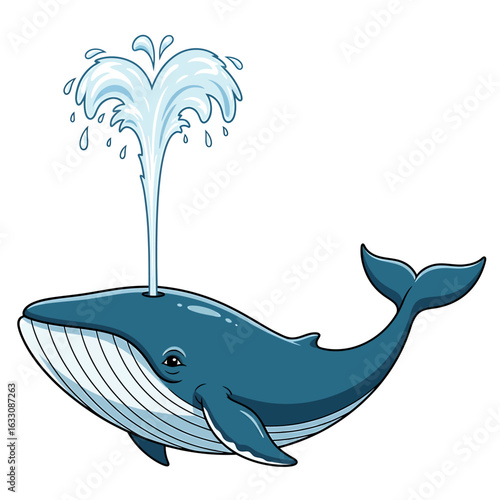 Cute cartoon blue whale spouting water.