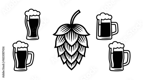 Beer Glasses and Hop Cone Icon in Black and White Line Art Style