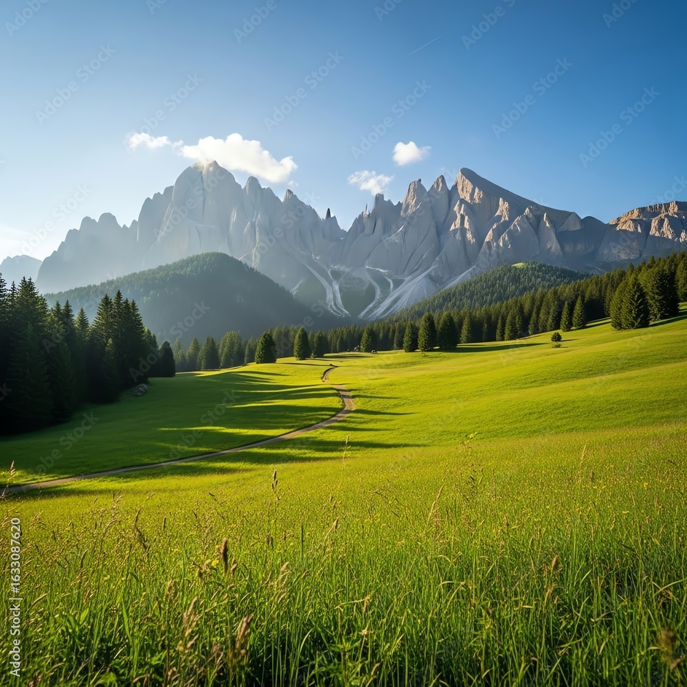 Naklejka premium Alpine meadow with mountains and forest landscape