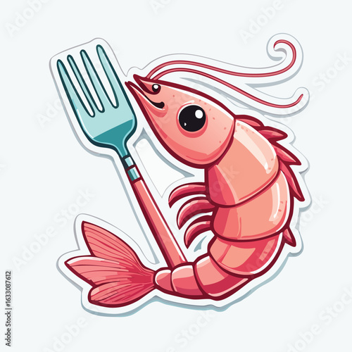 Cute cartoon shrimp holding a fork, a whimsical food-themed illustration.