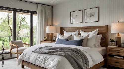 Bright bedroom, airy and spacious, neatly made bed, natural sunlight, fresh and inviting, soft neutral colors, modern comfort, cozy and relaxing atmosphere, minimalistic decor, soft linens, well-organ