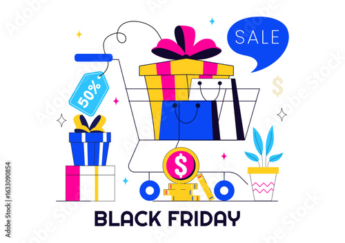 Black Friday Sale Event Vector Illustration with Shopping Paper Bags and Big Promotional Discounted Goods for Marketing in a Flat Style Background