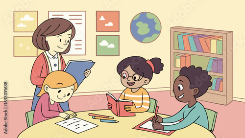 Teacher teaching students in classroom illustration for education and learning resources design vector art