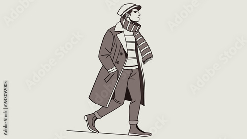 Illustration of man in winter fashion outfit walking in coat scarf and hat stylish modern apparel look