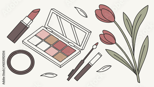 Makeup essentials flat lay vector illustration beauty products and floral arrangement for cosmetic brand design