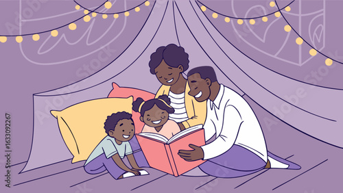 Family reading together in a tent indoors illustration for storytime african american family illustration