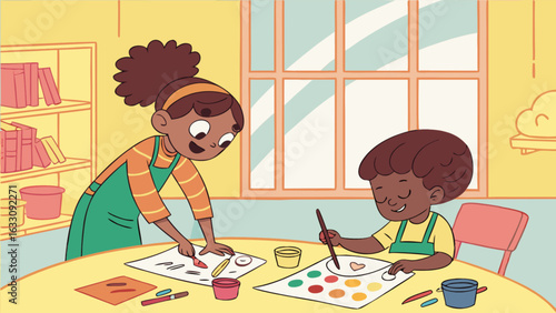 Cartoon illustration of teacher and child painting together art class learning creative skills development 100