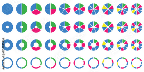 Circle pie chart diagram. Pie chart set. Colorful diagram collection with sections or steps. 1,2,3,4,56,7,8,9,10,11,12 segment infographic. Wheel round diagram part symbol. Vector illustration