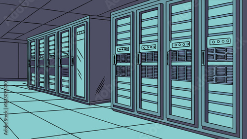 Data center server room illustration for cloud computing and network infrastructure design concept art style