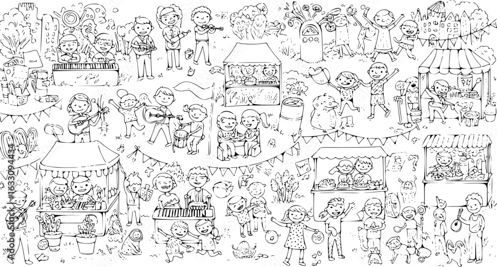 Obraz premium Lively outdoor festival with joyful children engaging in music, selling goods at market stalls, playing games, and having fun a detailed coloring page scene.