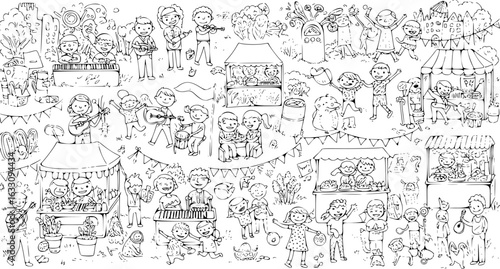 Lively outdoor festival with joyful children engaging in music, selling goods at market stalls, playing games, and having fun  a detailed coloring page scene.
