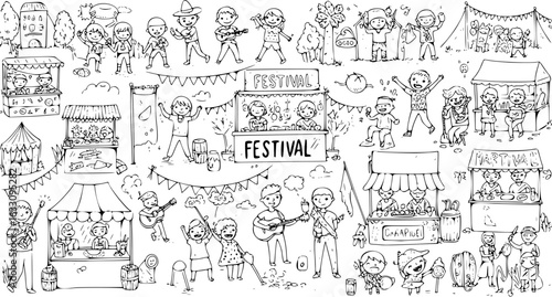 Detailed black and white cartoon illustration of a lively outdoor festival featuring cheerful children, bustling food stalls, musicians, games, and various fairground activities.