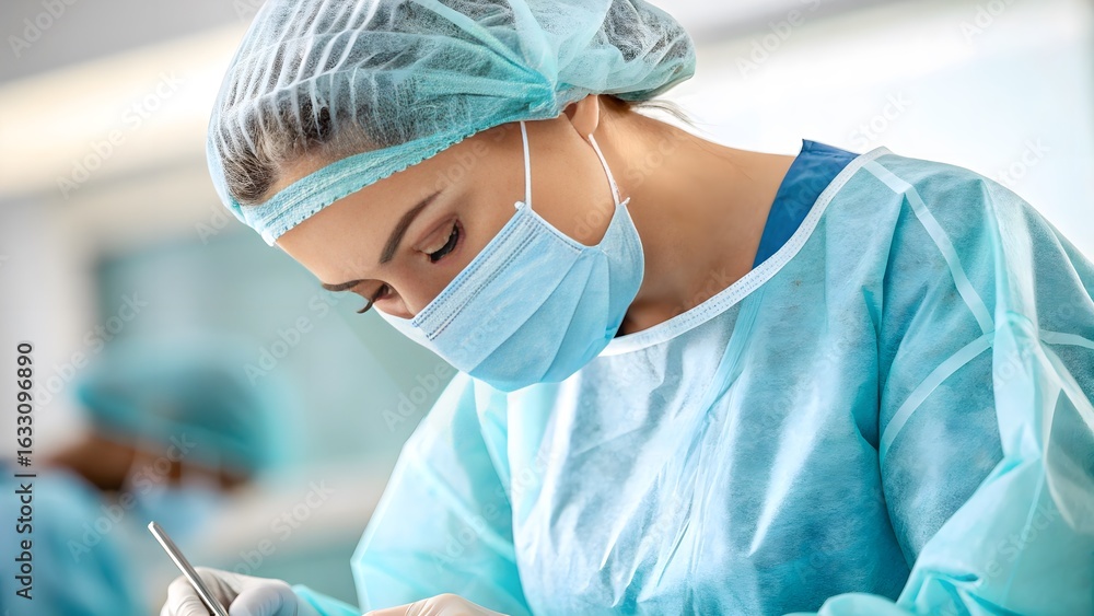 Fototapeta premium Close-up clinical beauty moment during surgical skin preparation.