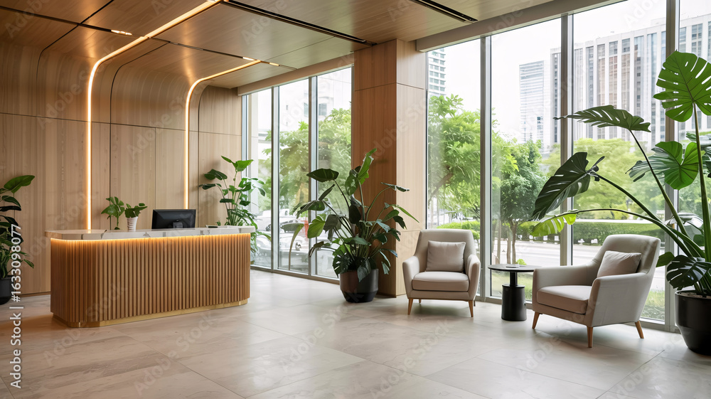 Fototapeta premium Elegant reception area with natural light, lush plants, and modern wood design creating a welcoming atmosphere