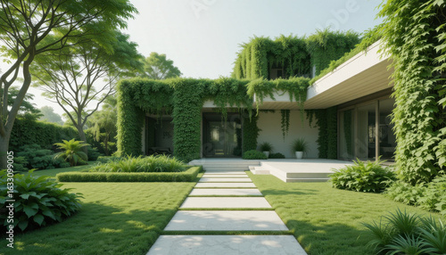 Wallpaper Mural Modern eco friendly house is surrounded by lush greenery and well maintained garden, featuring pathway leading to entrance. building is adorned with vertical gardens, creating harmonious blend Torontodigital.ca