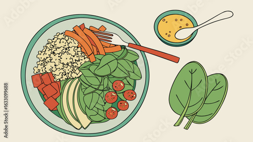 Illustration of a healthy grain bowl with spinach avocado and dressing for diet and nutrition