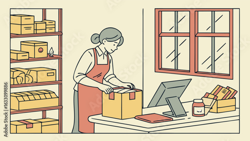 Woman packing cardboard boxes for shipping at warehouse fulfillment center for ecommerce business