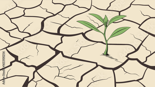 Resilience and hope concept in drought conditions with a plant growing in cracked dry soil landscape