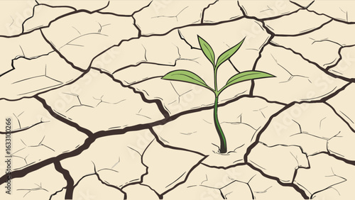 Illustration of new growth in dry cracked earth resilience and hope concept for environmental conservation