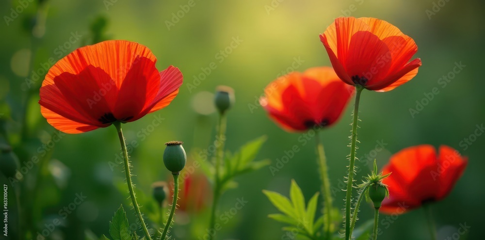 Fototapeta premium Bold crimson poppies & lush green leaves on heavy cotton , bold, cotton fabric, vintage pattern