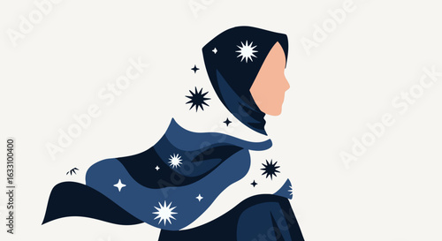 Celestial Hijab: Vector Illustration of a Woman with a Universe Within