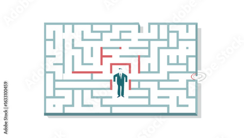 Business man maze solution strategy challenge finding way out success planning labyrinth problem solving concept