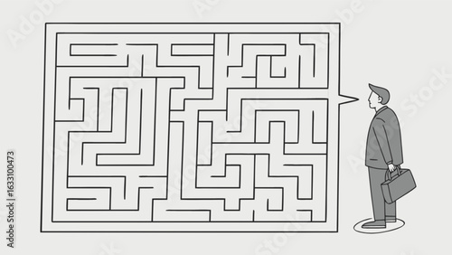 Business man looking at complex maze problem solving strategy and decision making concept challenge and solution