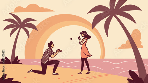 Beach proposal vector illustration for engagement announcement and romantic getaway design project
