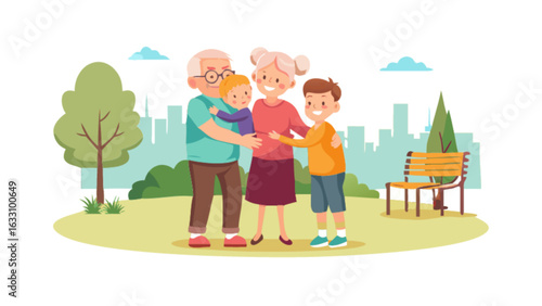 Family generations spending time together grandparents with grandchildren in outdoor park scene
