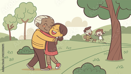 Illustration of happy grandparent hugging grandchild in park with family enjoying outdoors scene vector art