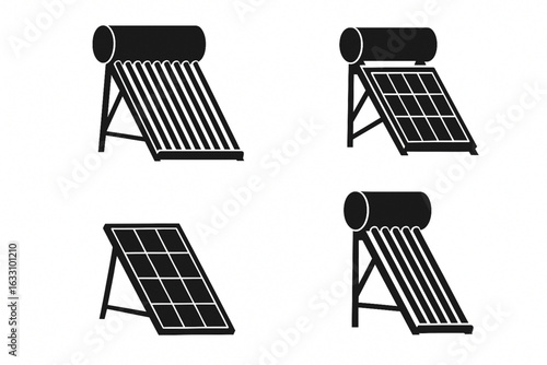 Solar Water Heater System Silhouettes Vector Set on White Background