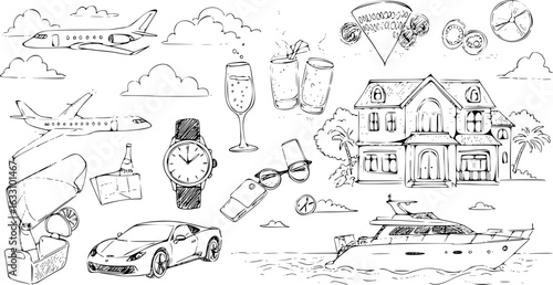 Hand-Drawn Luxury Lifestyle Icons: Private Jets, Mansion, Yacht, Sports Car, Watch, Drinks  Travel Elements Sketch Collection